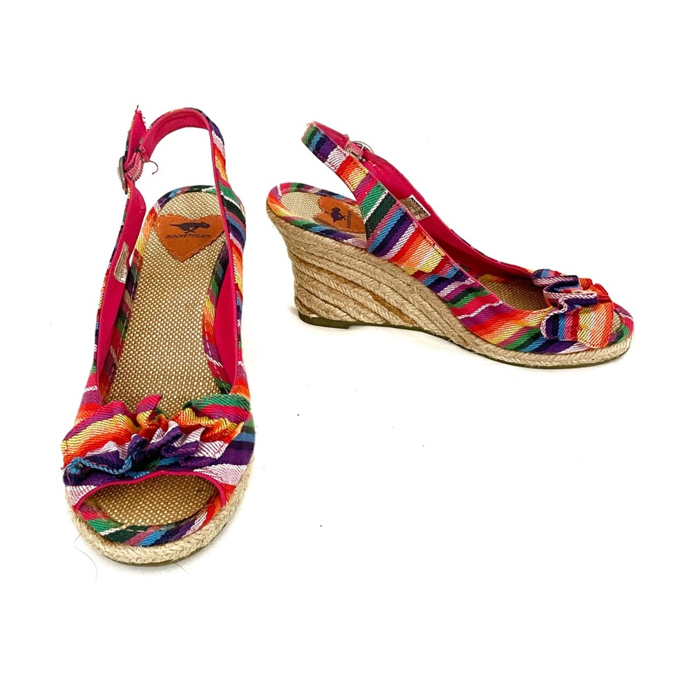 Rocket dog • rainbow stripe wedge espadrilles peep toe slingback ruffle • 7.5